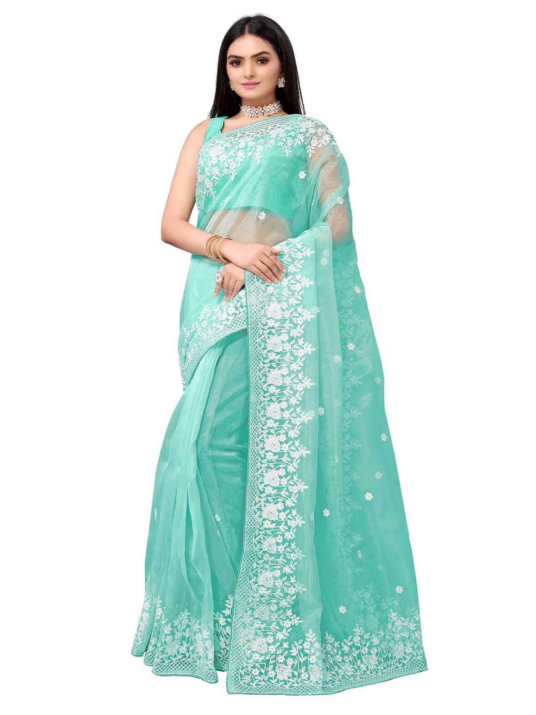 

ODETTE Sea Green & White Floral Embroidered Organza Saree