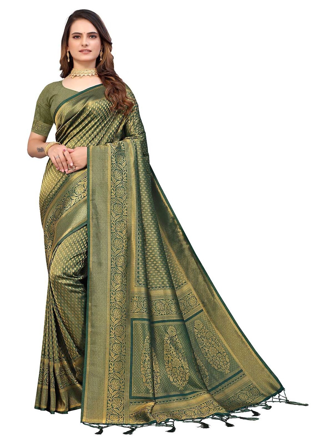 

ODETTE Green & Gold-Toned Ethnic Motifs Zari Silk Blend Saree