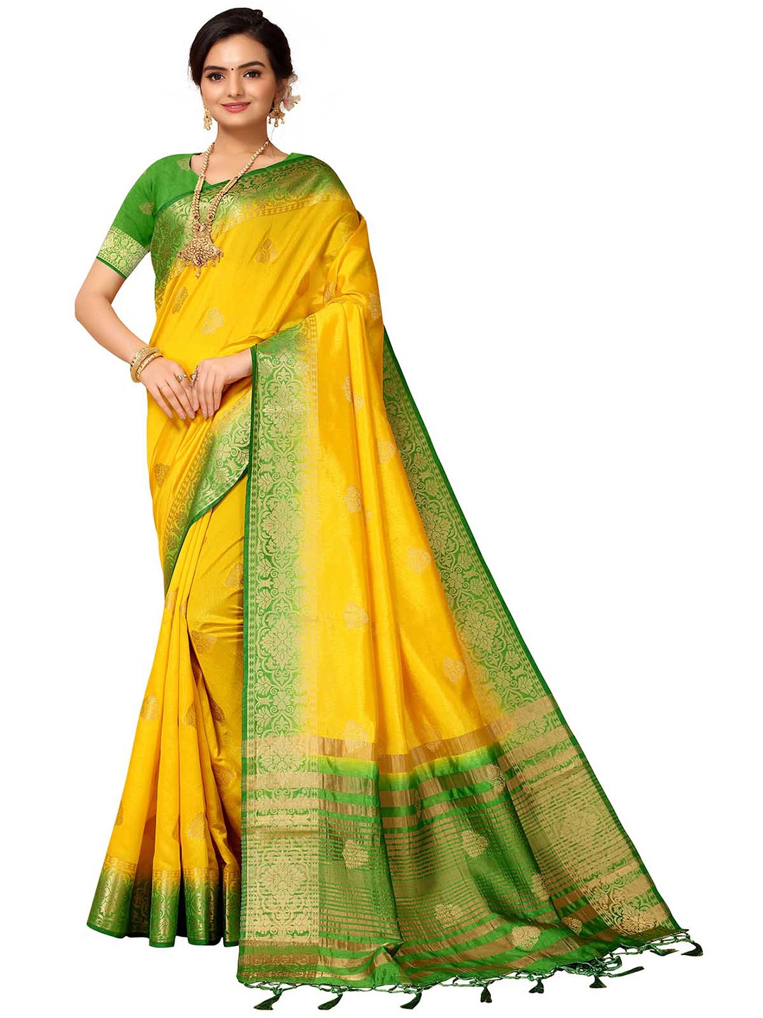 

ODETTE Yellow & Green Floral Zari Silk Blend Saree