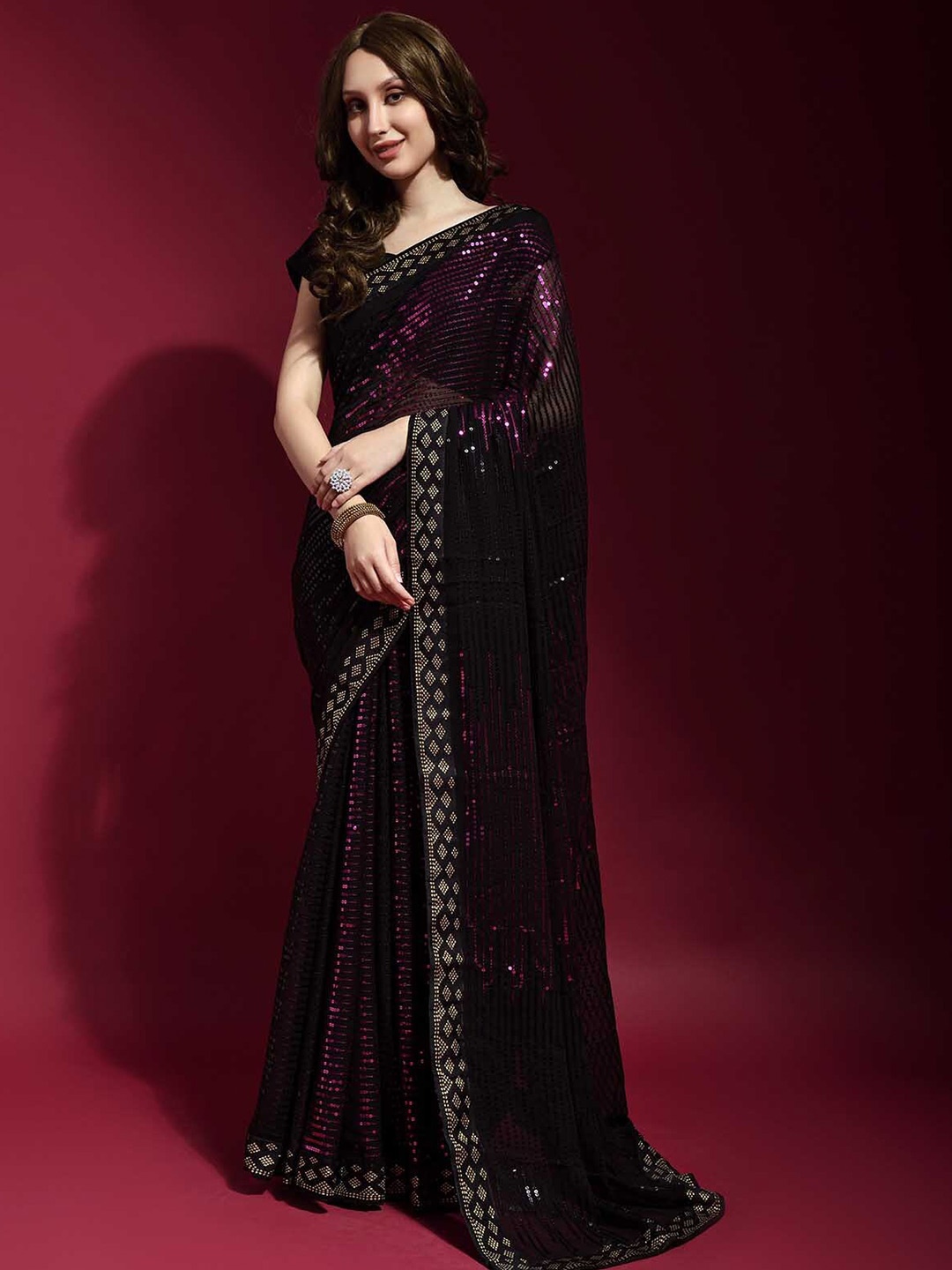 

ODETTE Black & Pink Striped Sequinned Saree
