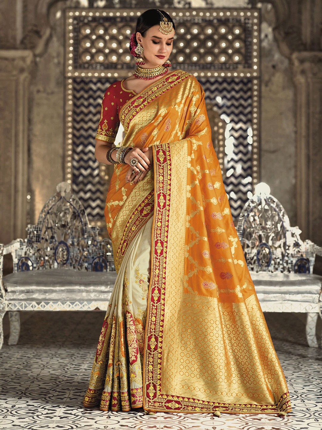 

ODETTE Orange & Red Floral Embroidered Silk Blend Saree
