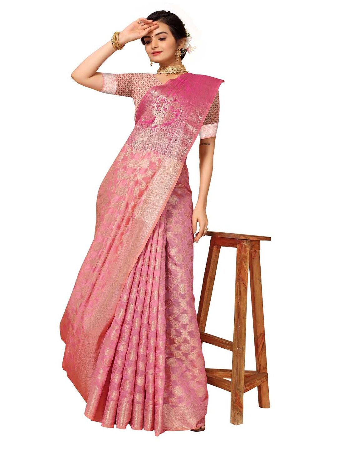 

ODETTE Pink & Gold-Toned Ethnic Motifs Zari Organza Saree