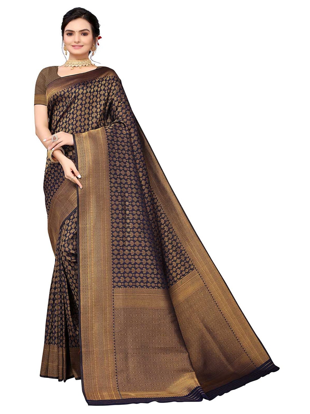 

ODETTE Navy Blue & Gold-Toned Woven Design Zari Silk Blend Saree