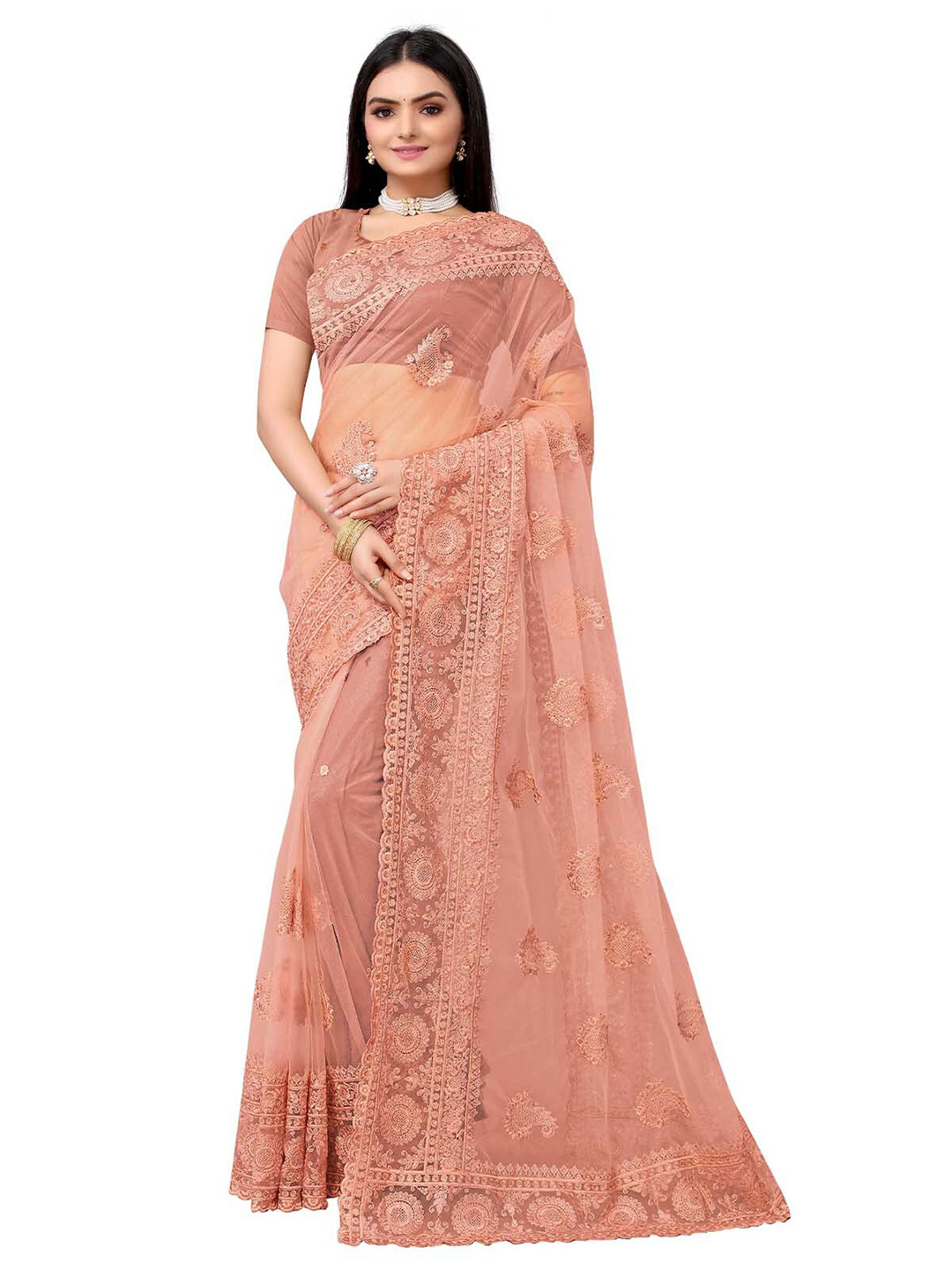 

ODETTE Peach-Coloured & Gold-Toned Floral Embroidered Net Saree