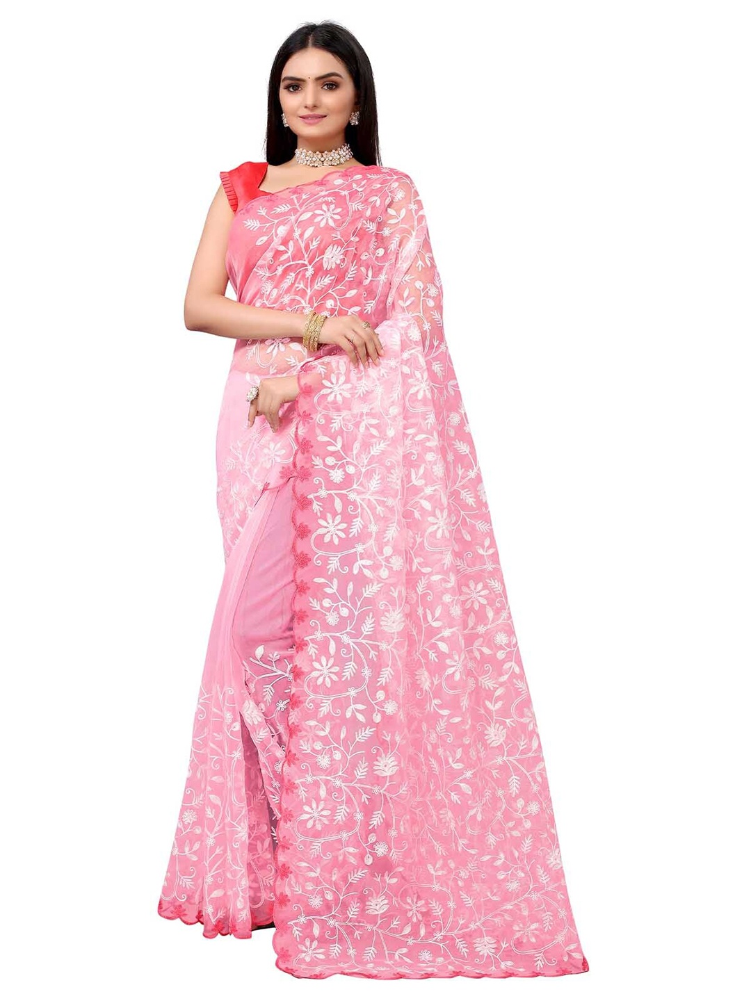 

ODETTE Pink & White Floral Embroidered Organza Saree