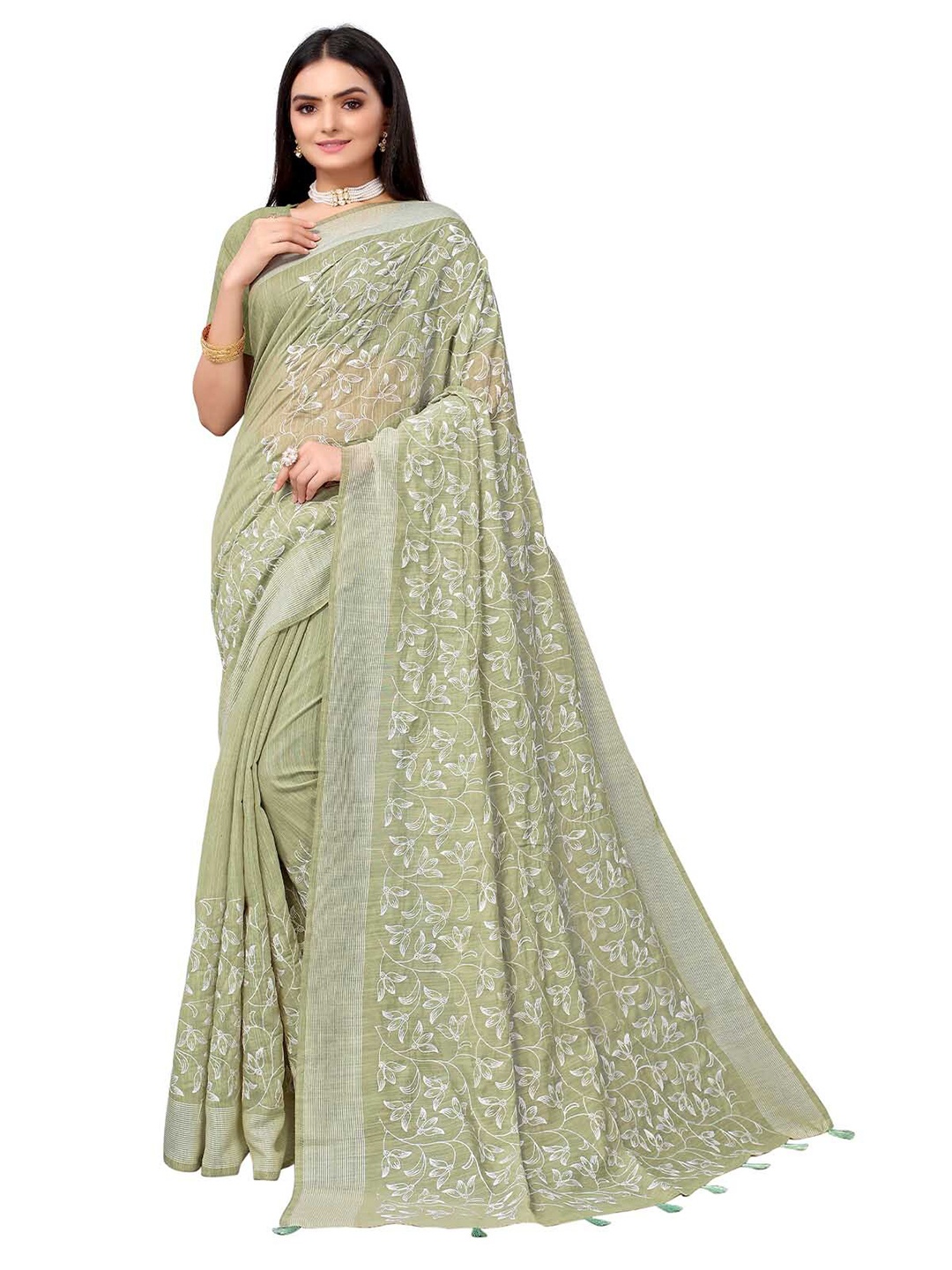 

ODETTE Green & White Floral Pure Cotton Saree