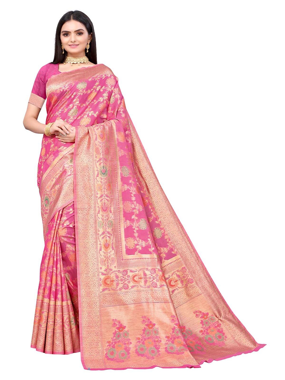 

ODETTE Pink & Green Floral Zari Silk Blend Saree