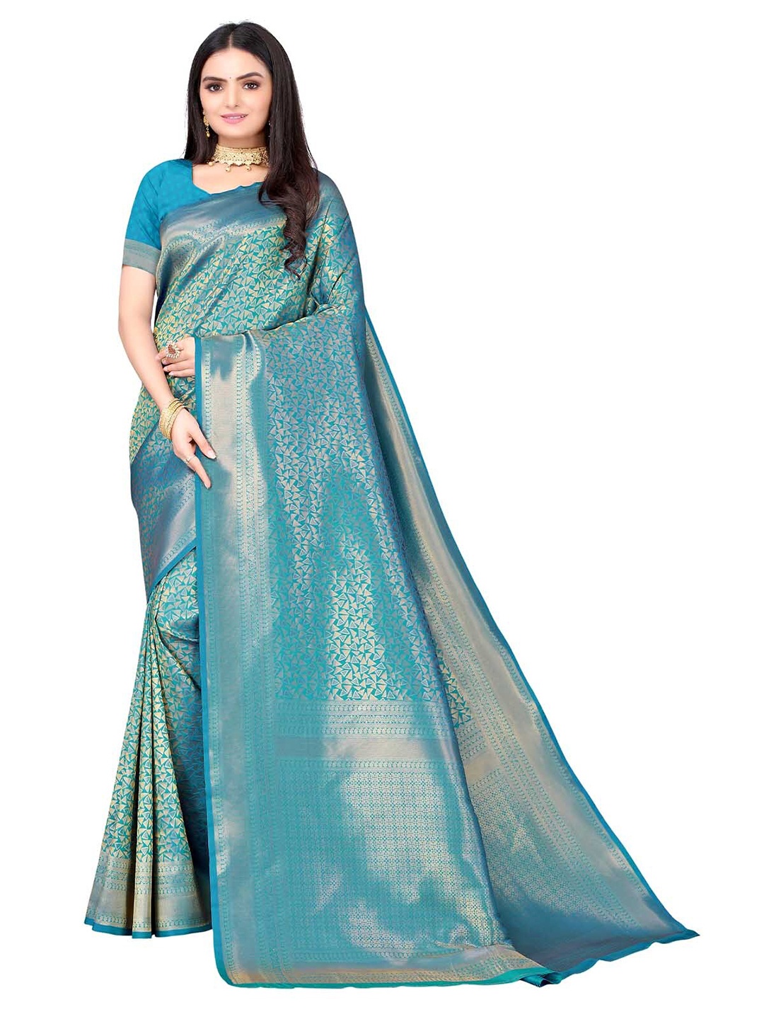 

ODETTE Teal & Gold-Toned Zari Saree