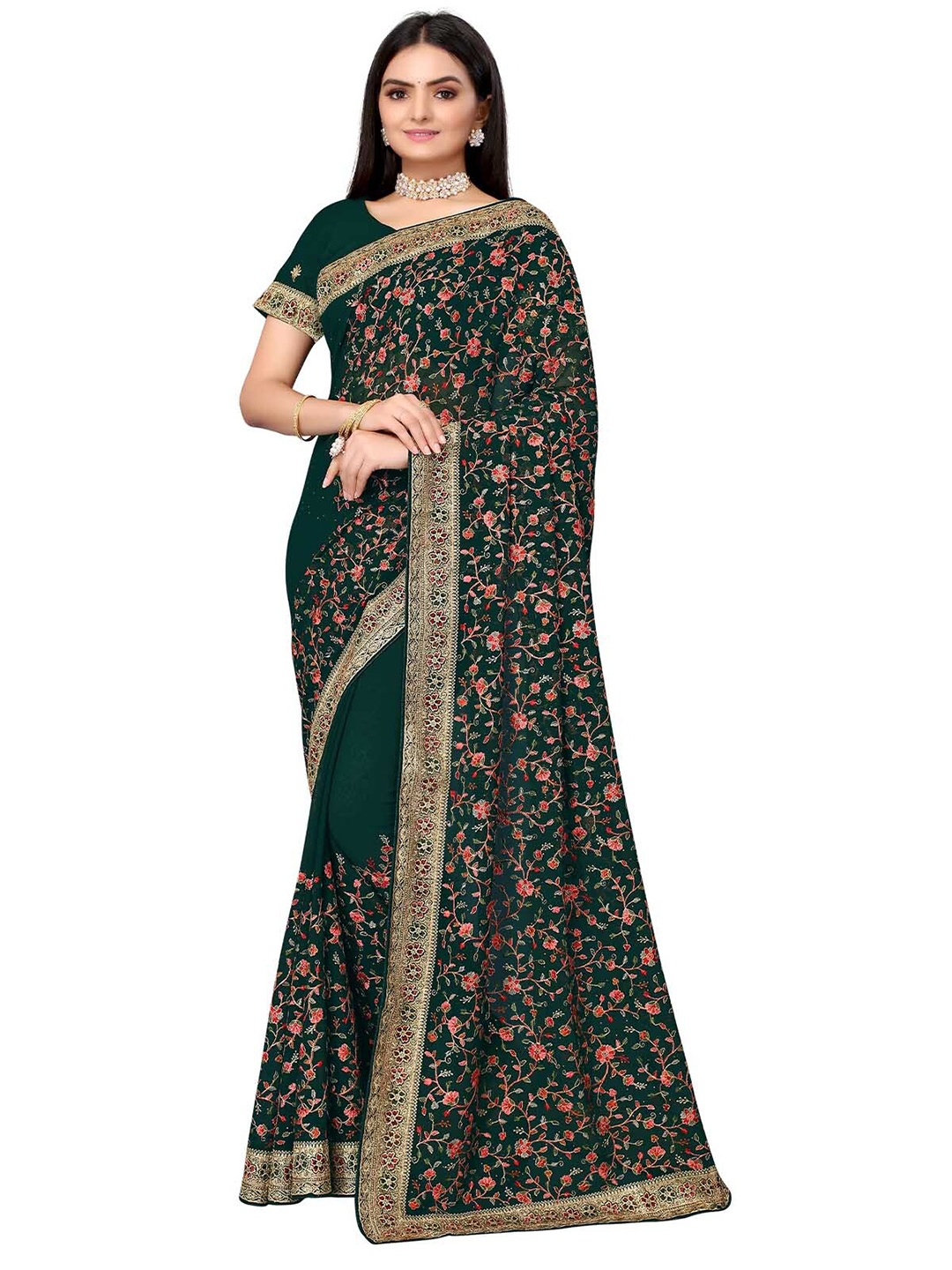 

ODETTE Green & Red Floral Embroidered Saree