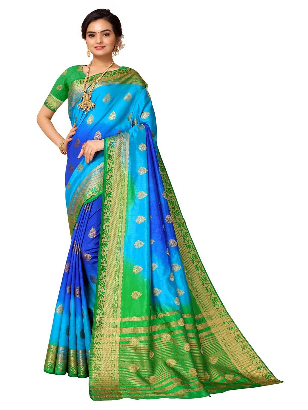

ODETTE Green & Blue Woven Design Zari Silk Blend Saree