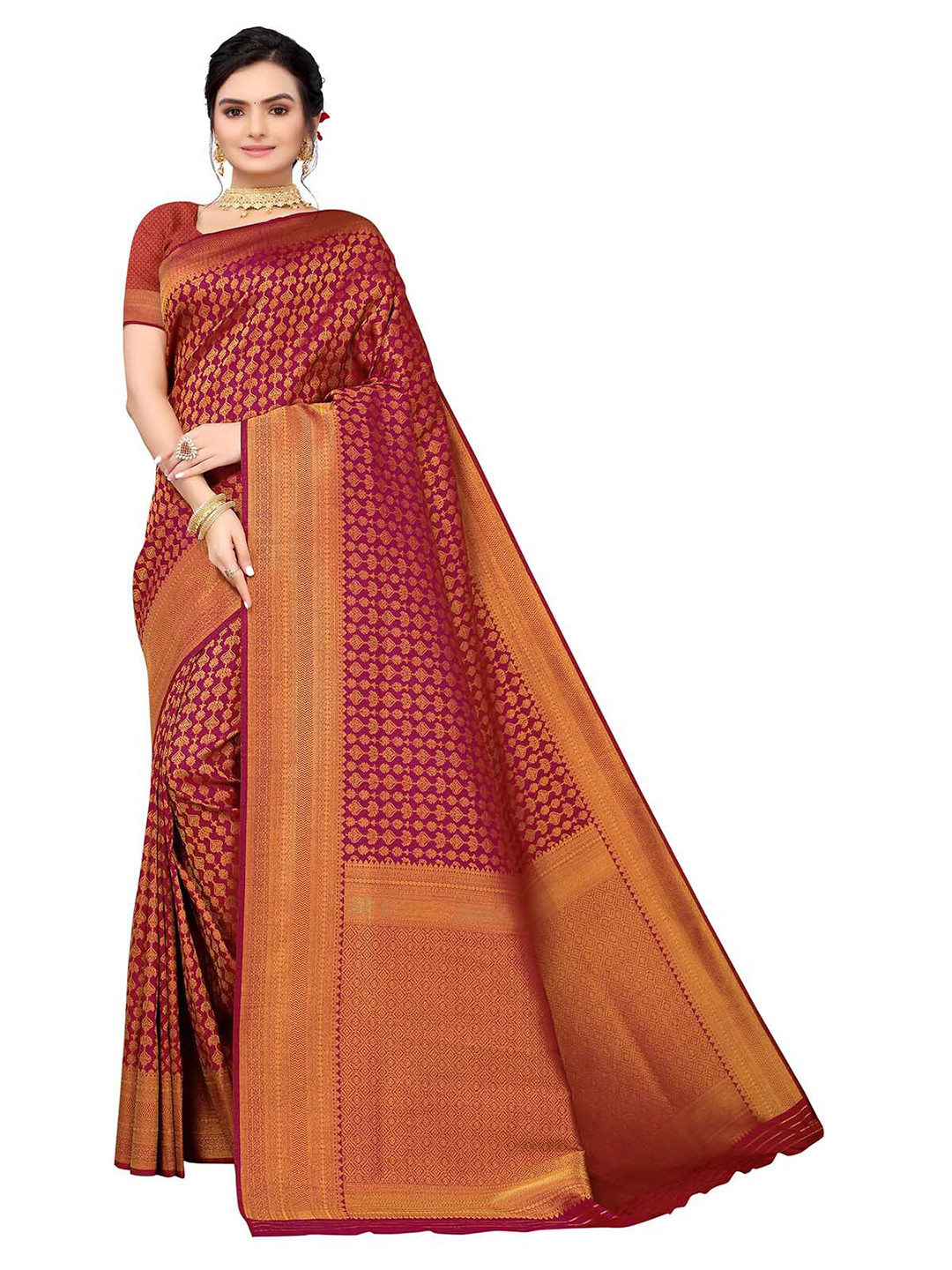 

ODETTE Pink & Gold-Toned Woven Design Zari Silk Blend Saree
