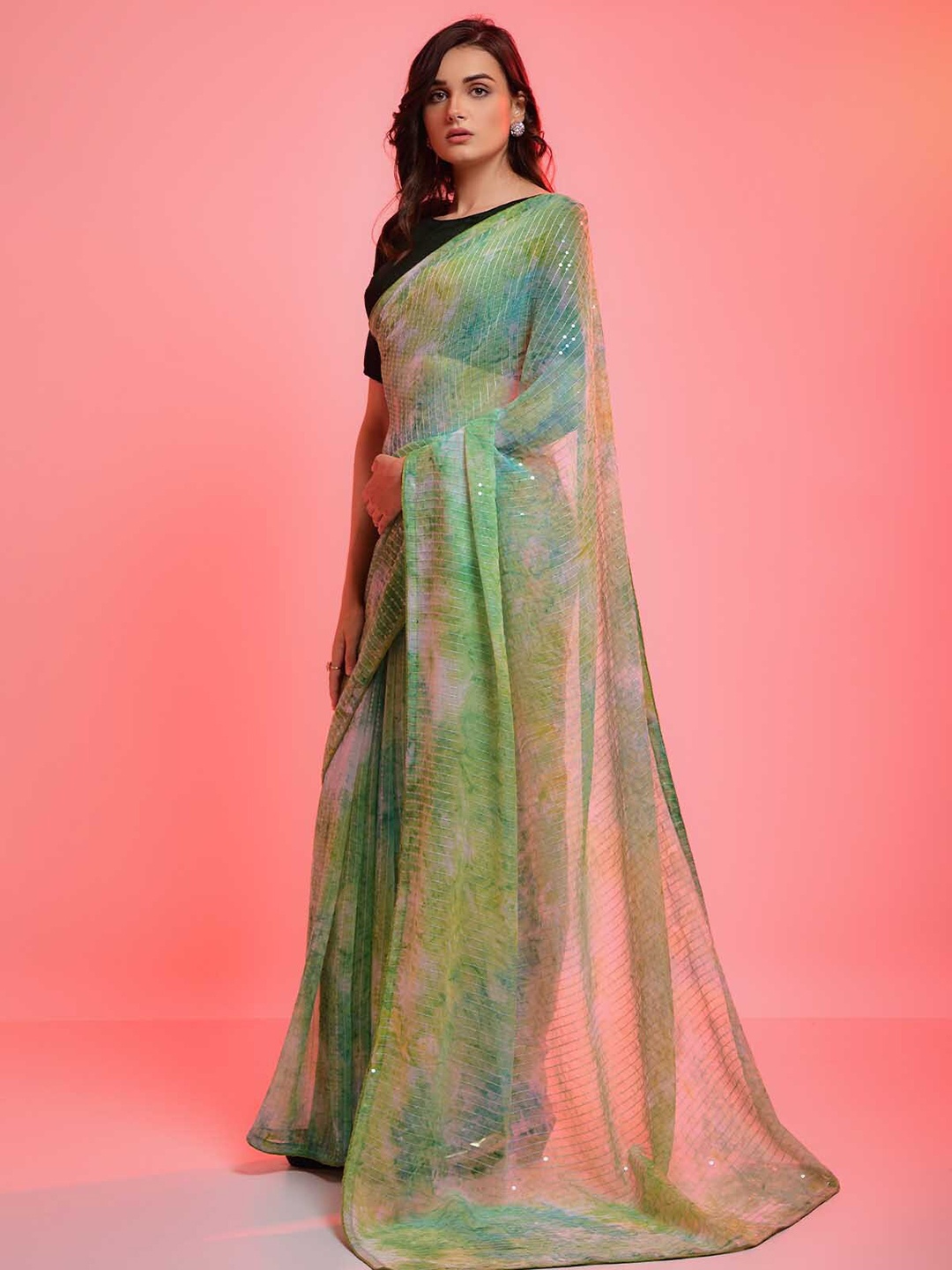 

ODETTE Green & Yellow Striped Sequinned Saree