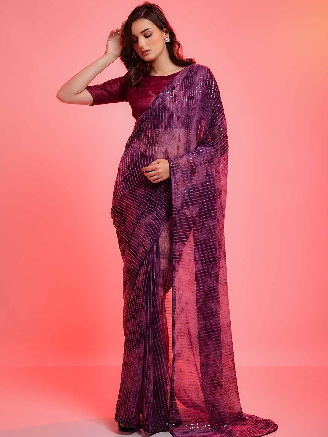 

ODETTE Violet Striped Sequinned Saree