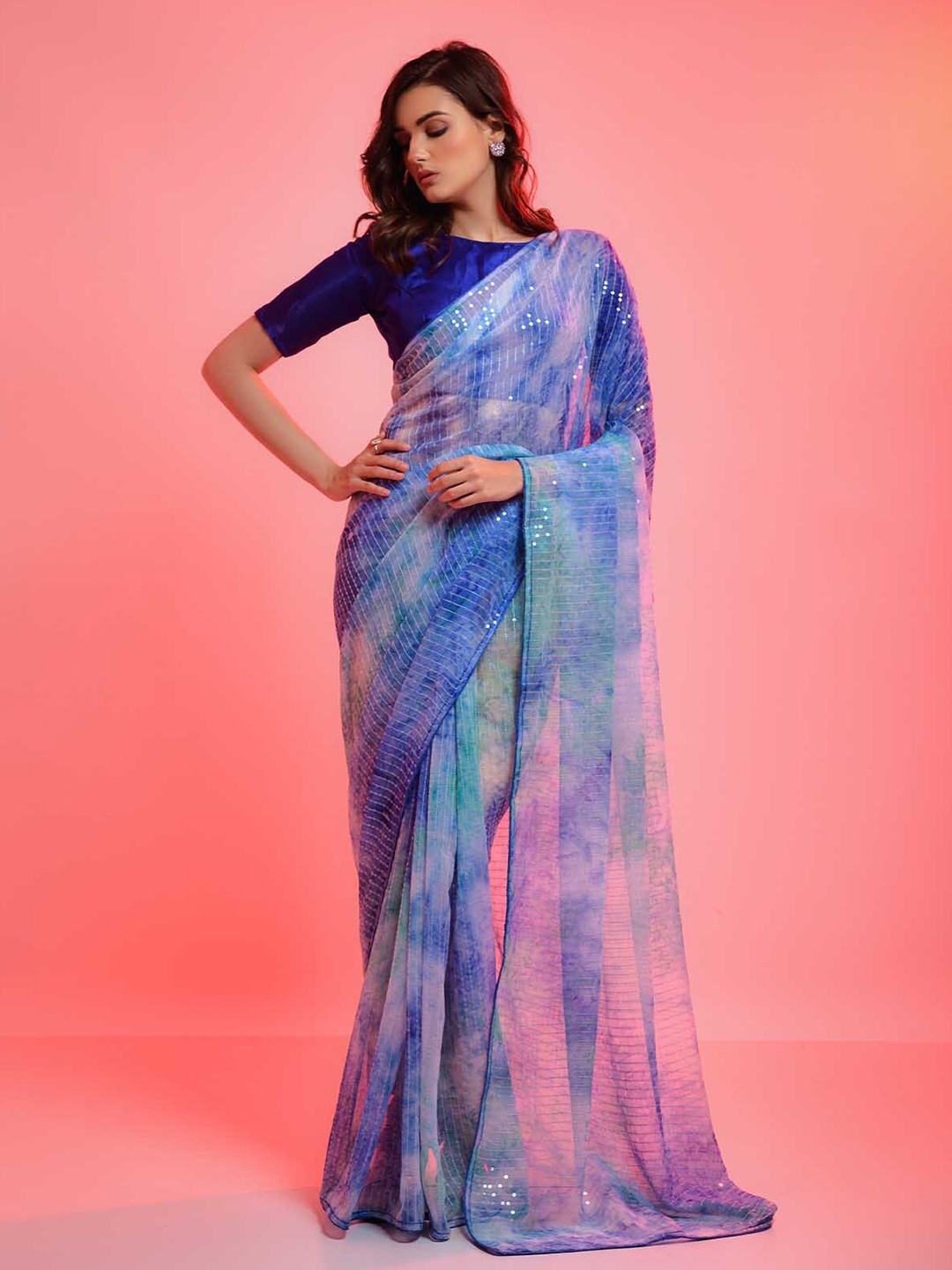 

ODETTE Blue & Green Striped Sequinned Saree