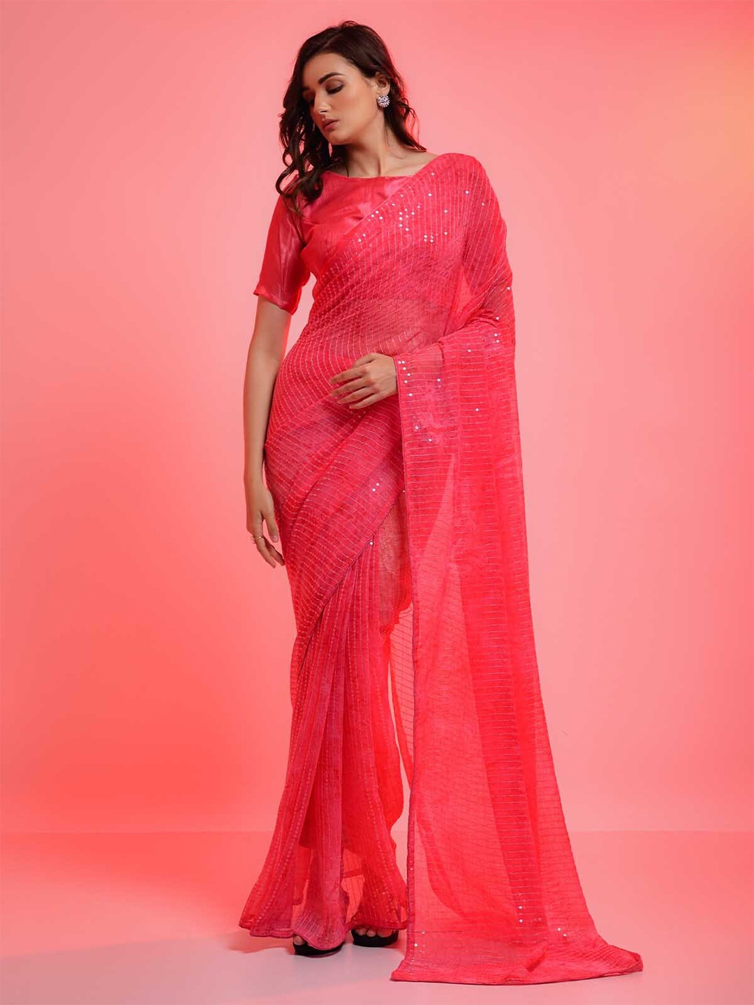 

ODETTE Pink Striped Sequinned Saree