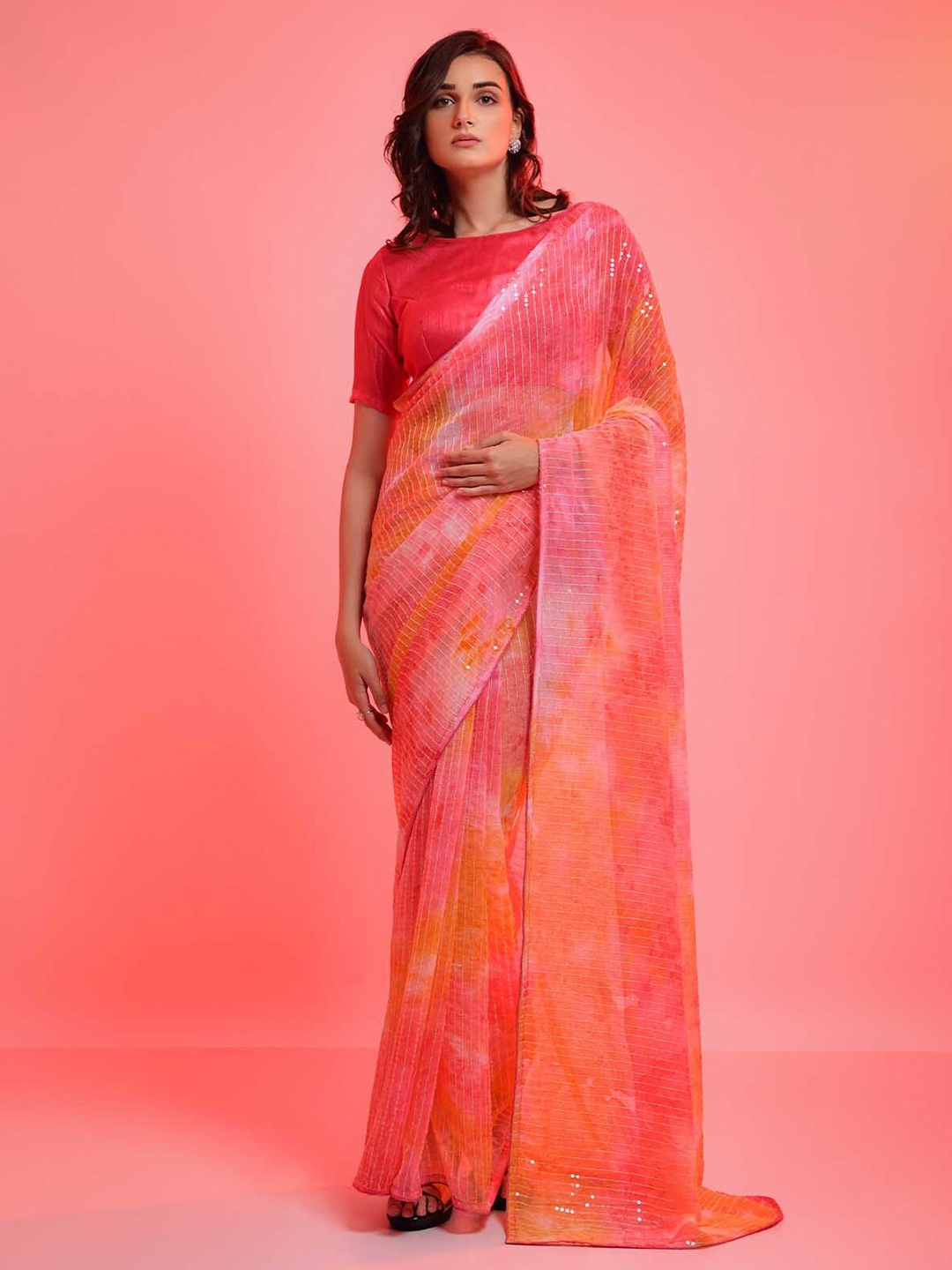 

ODETTE Orange & Yellow Embellished Sequinned Saree