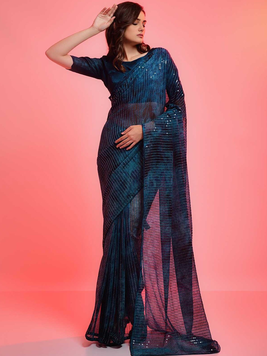 

ODETTE Blue Striped Sequinned Saree