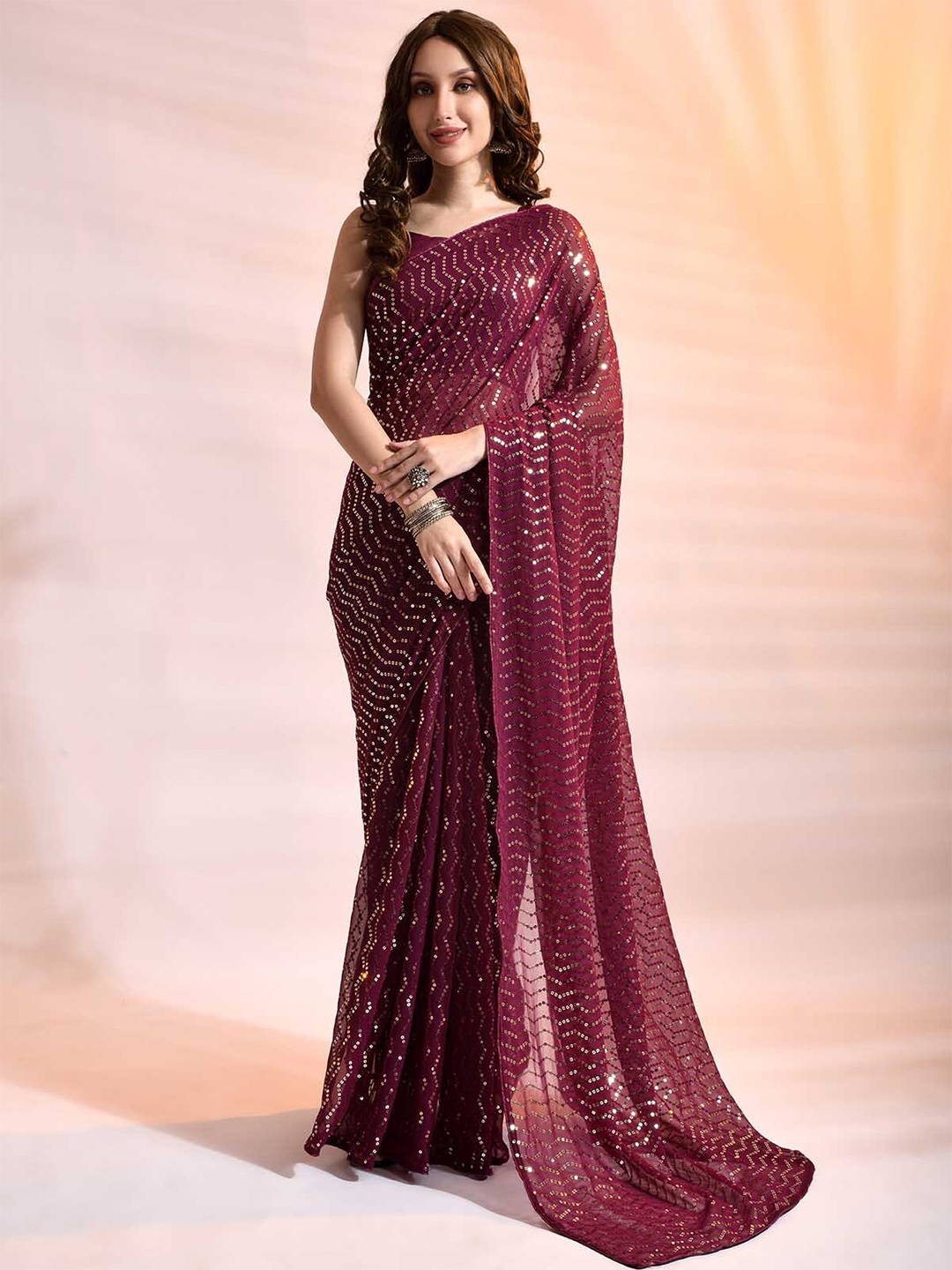 

ODETTE Violet Georgette Sequinned Saree