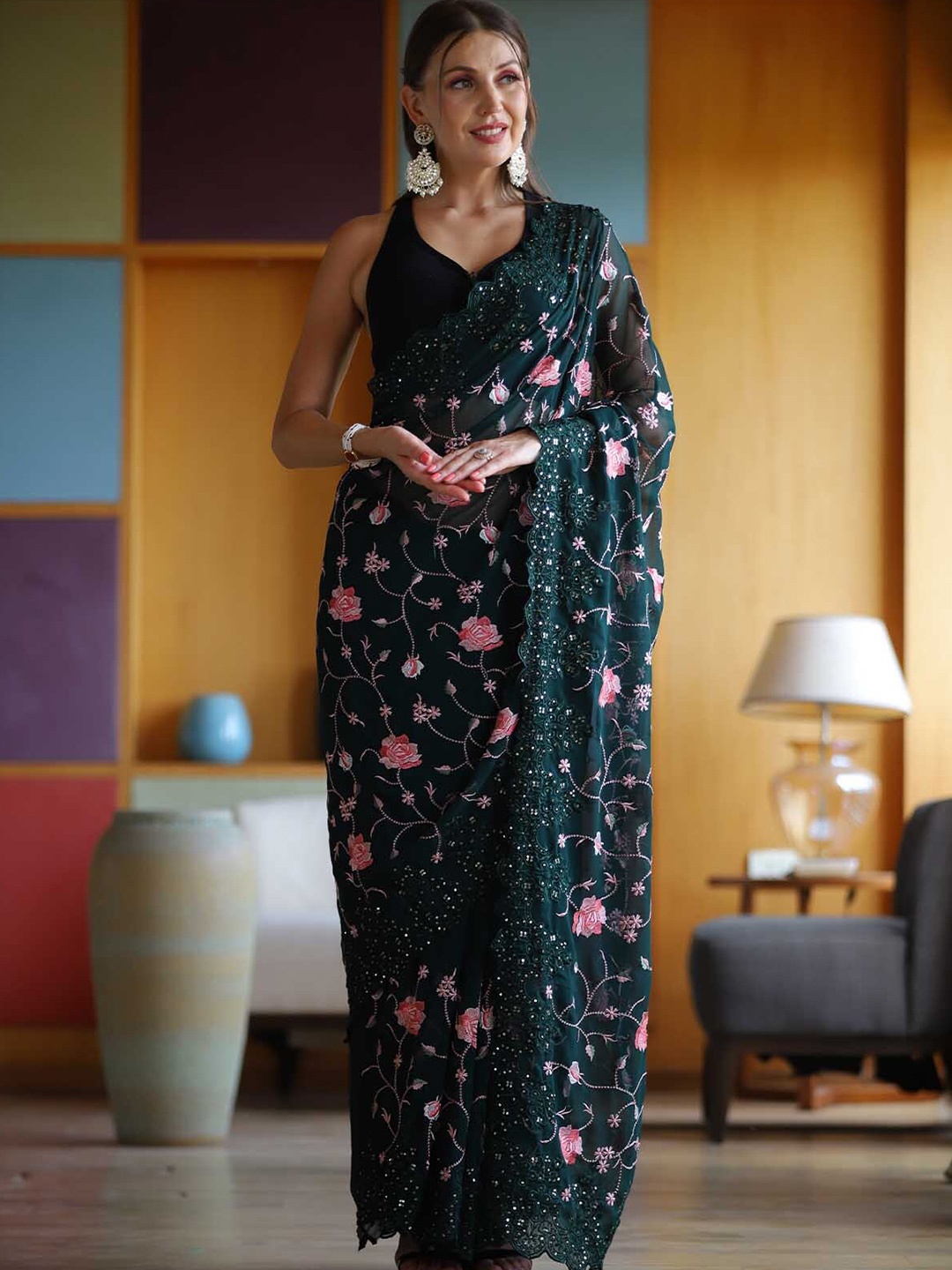 

ODETTE Teal & Pink Floral Embroidered Saree