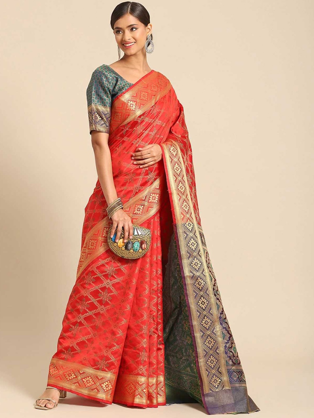 

ODETTE Red & Gold-Toned Ethnic Motifs Zari Silk Blend Saree