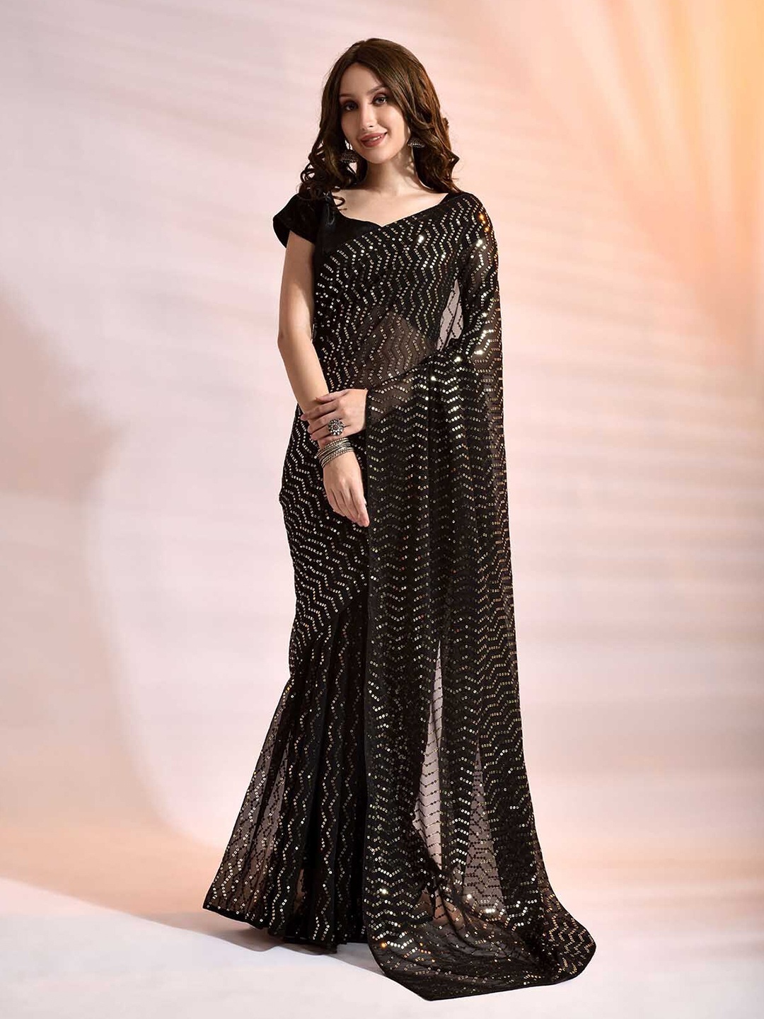 

ODETTE Black Sequinned Saree