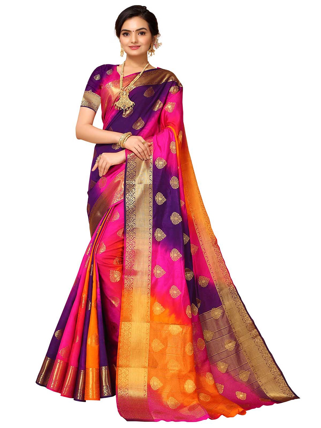 

ODETTE Pink & Blue Ethnic Motifs Zari Silk Blend Banarasi Saree