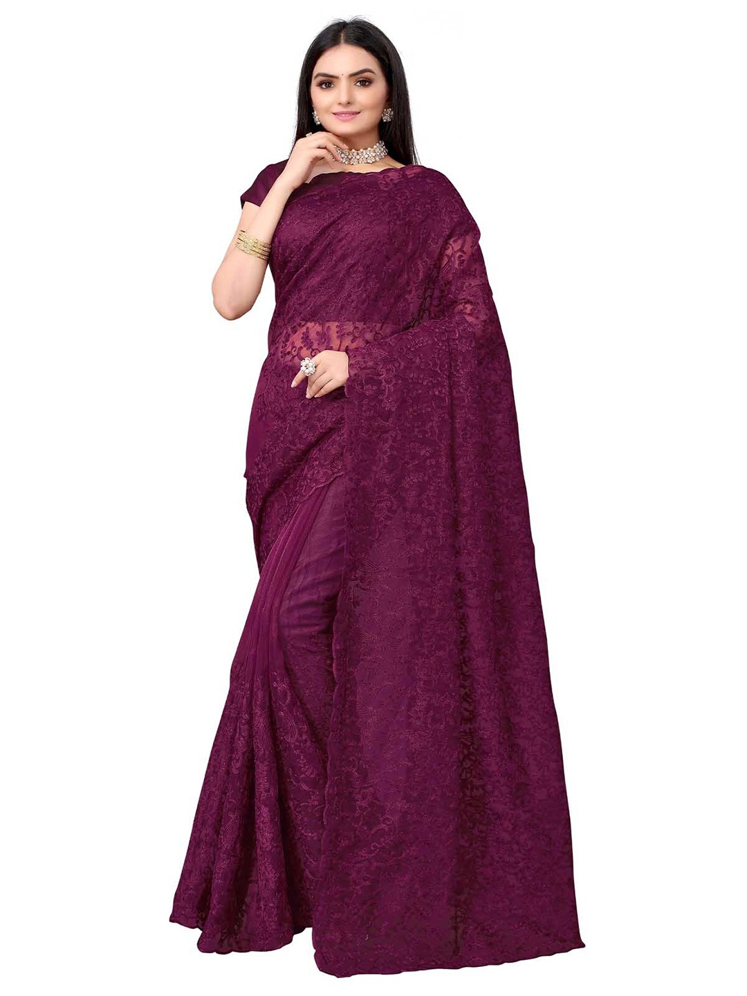 

ODETTE Violet Floral Embroidered Organza Saree