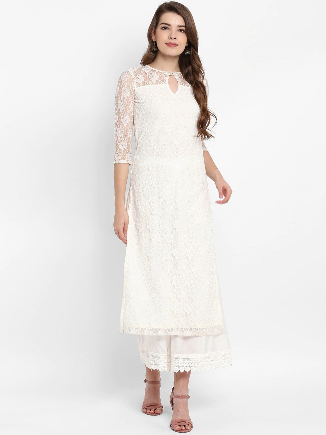 

SIRIKIT Women White Floral Keyhole Neck Kurta