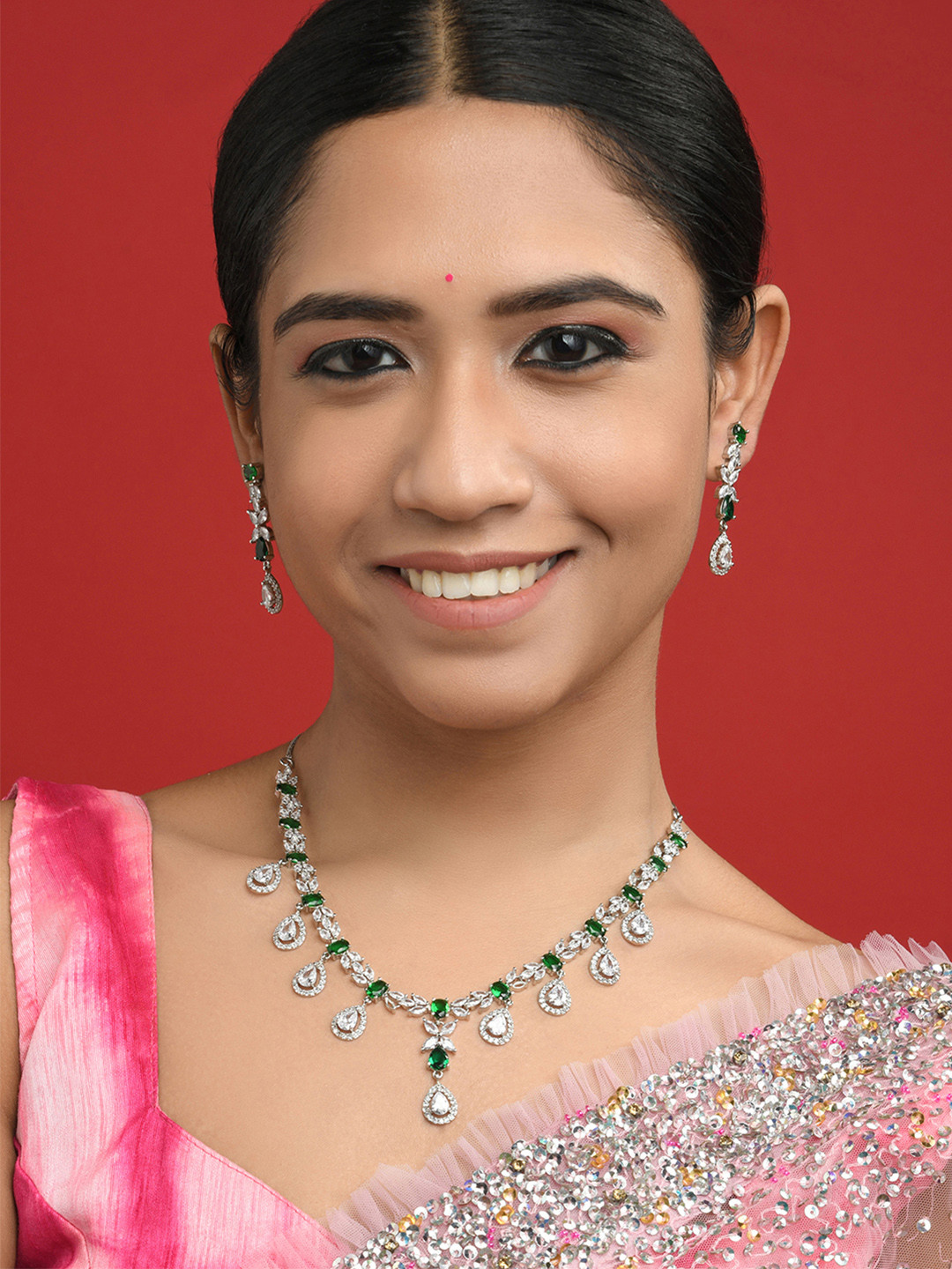 Fida Silver-Plated Green Stone Studded Jewellery Set