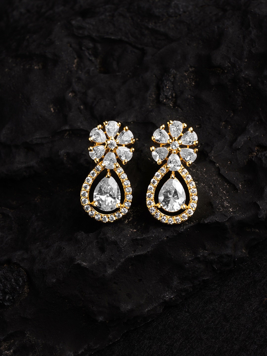 

HOT AND BOLD Women Gold-Plated & White Teardrop Shaped Drop Earrings