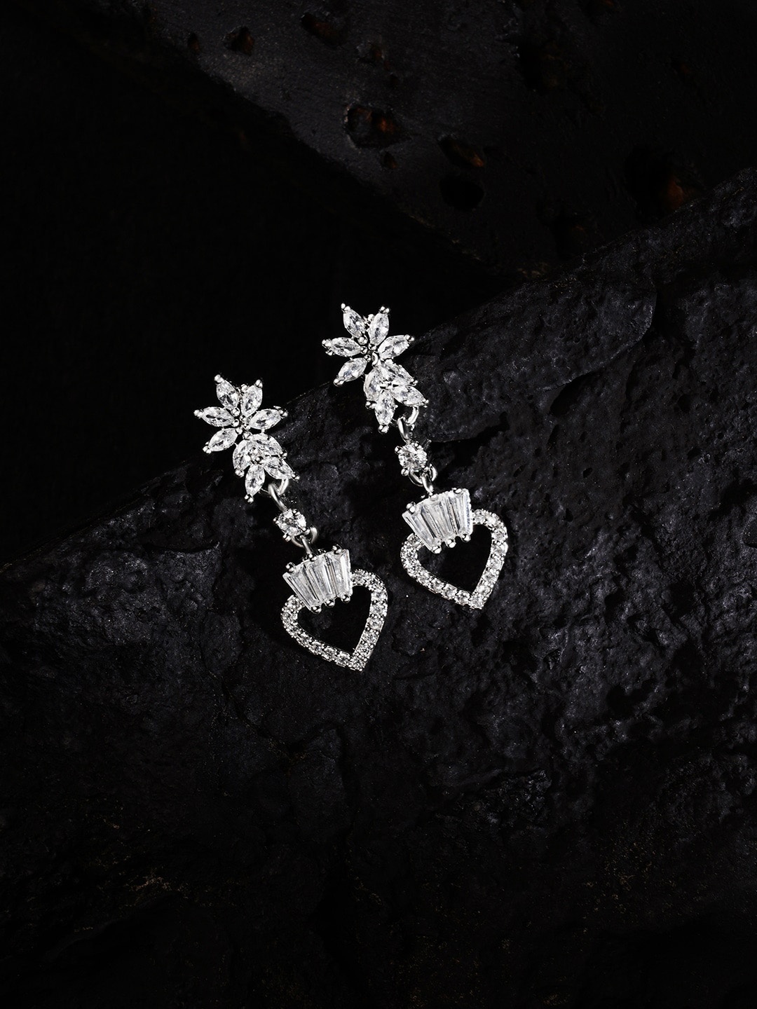 

HOT AND BOLD Silver-Plated Heart Shaped Zirconia Diamond Drop Earrings