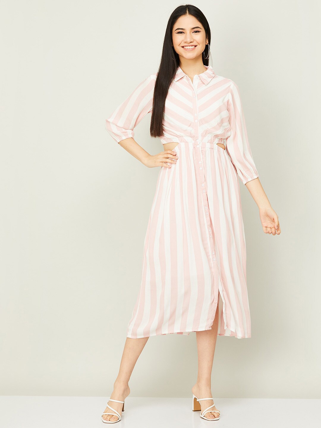 

CODE by Lifestyle Women Pink & White Striped Viscose Rayon Shirt Dress
