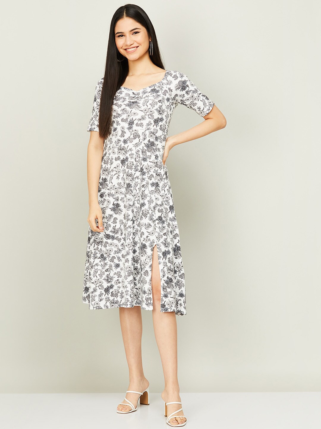 

CODE by Lifestyle Women White & Black Floral Printed A-Line Dress