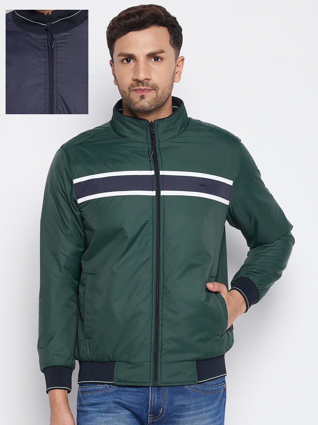 

Okane Men Green Blue Reversible Bomber Jacket