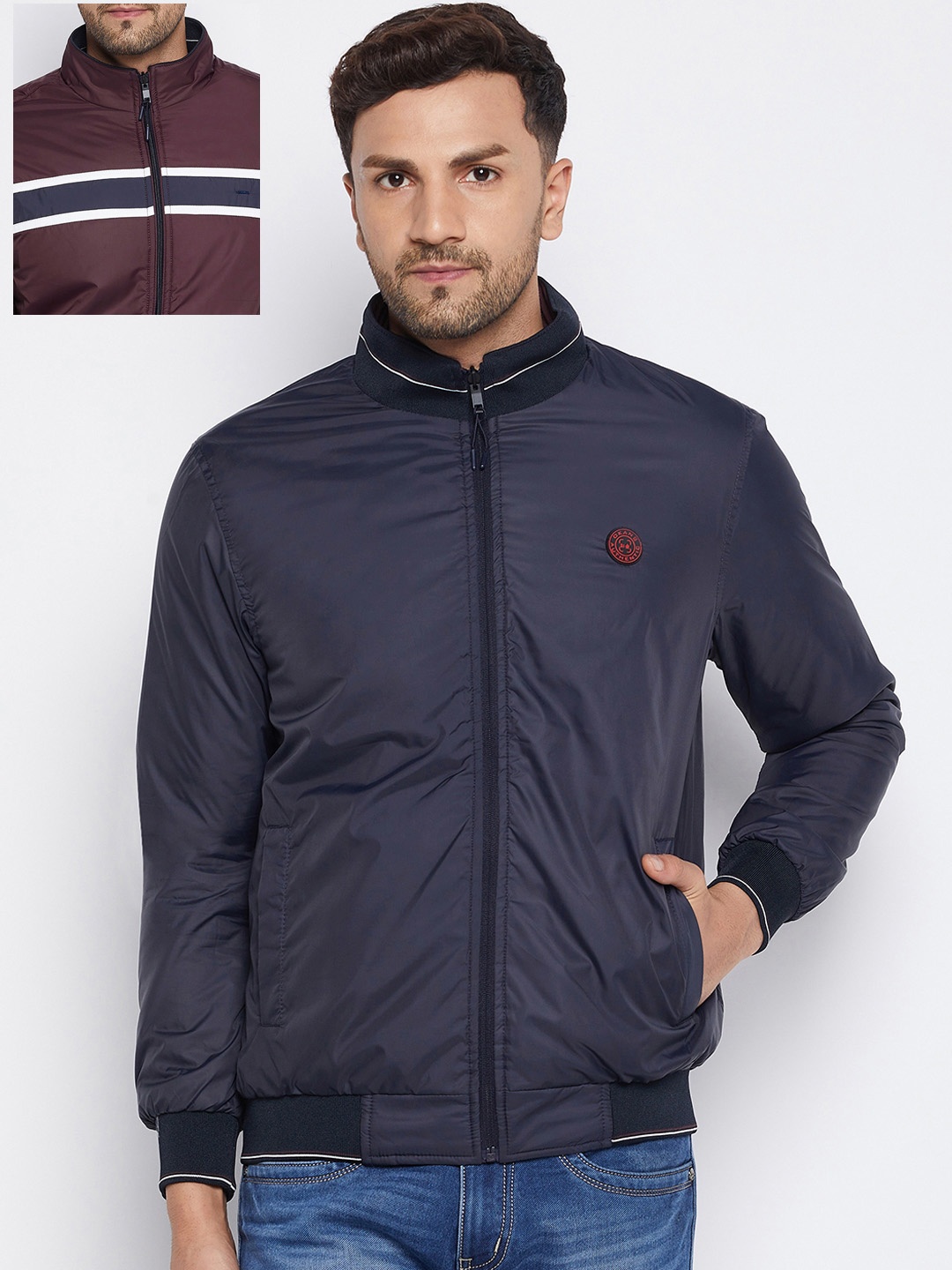 

Okane Men Burgundy Navy Blue Reversible Bomber Jacket
