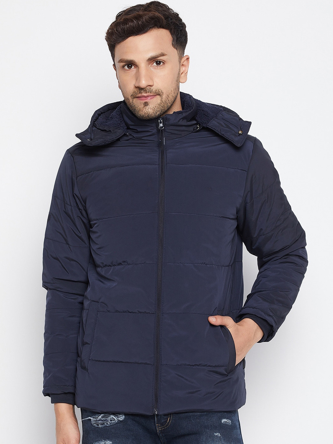 

Okane Men Navy Blue Lightweight Hooded Puffer Jacket