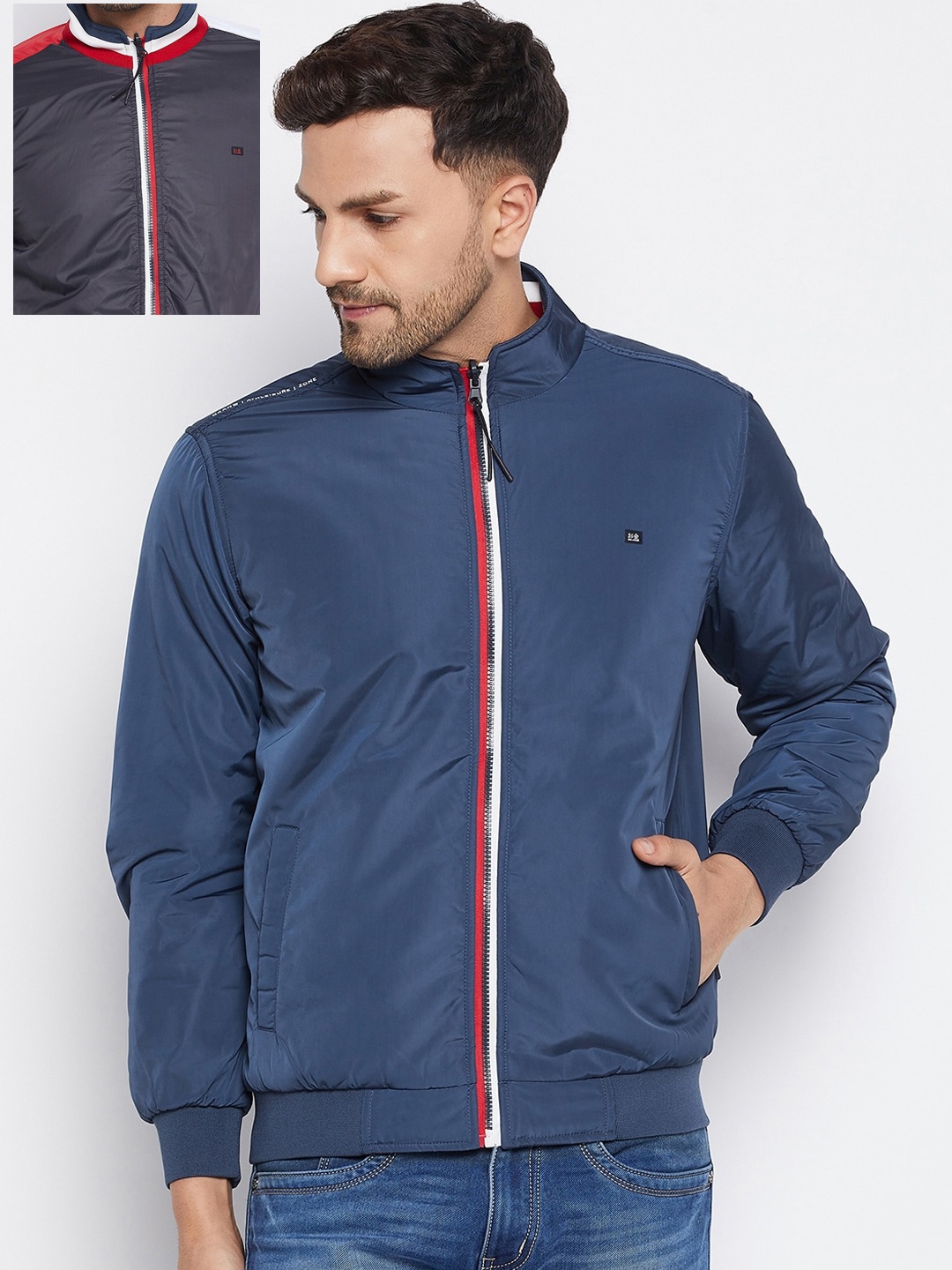 

Okane Men Blue Reversible Bomber Jacket