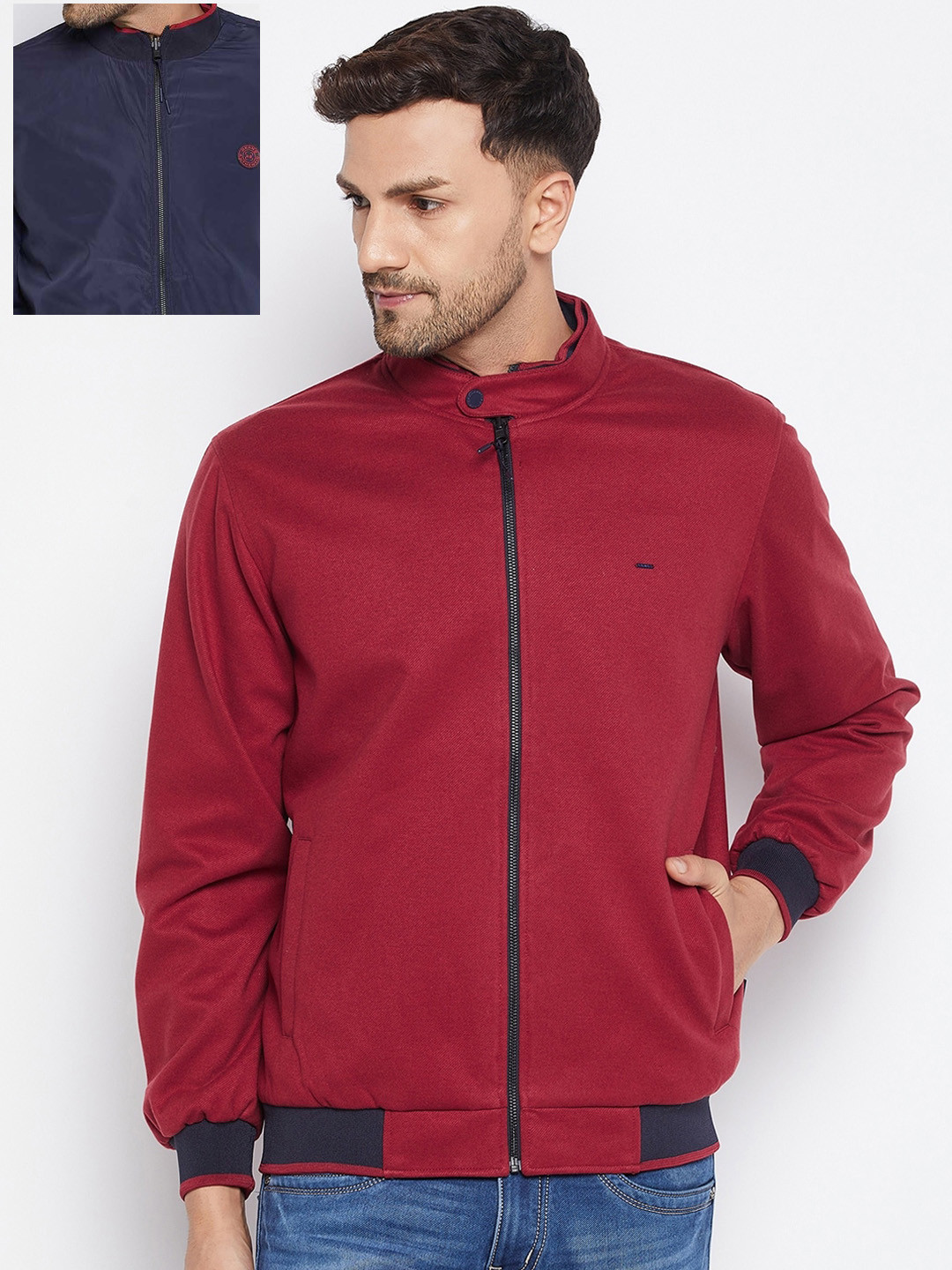 

Okane Men Red & Navy Blue Reversible Bomber Jacket