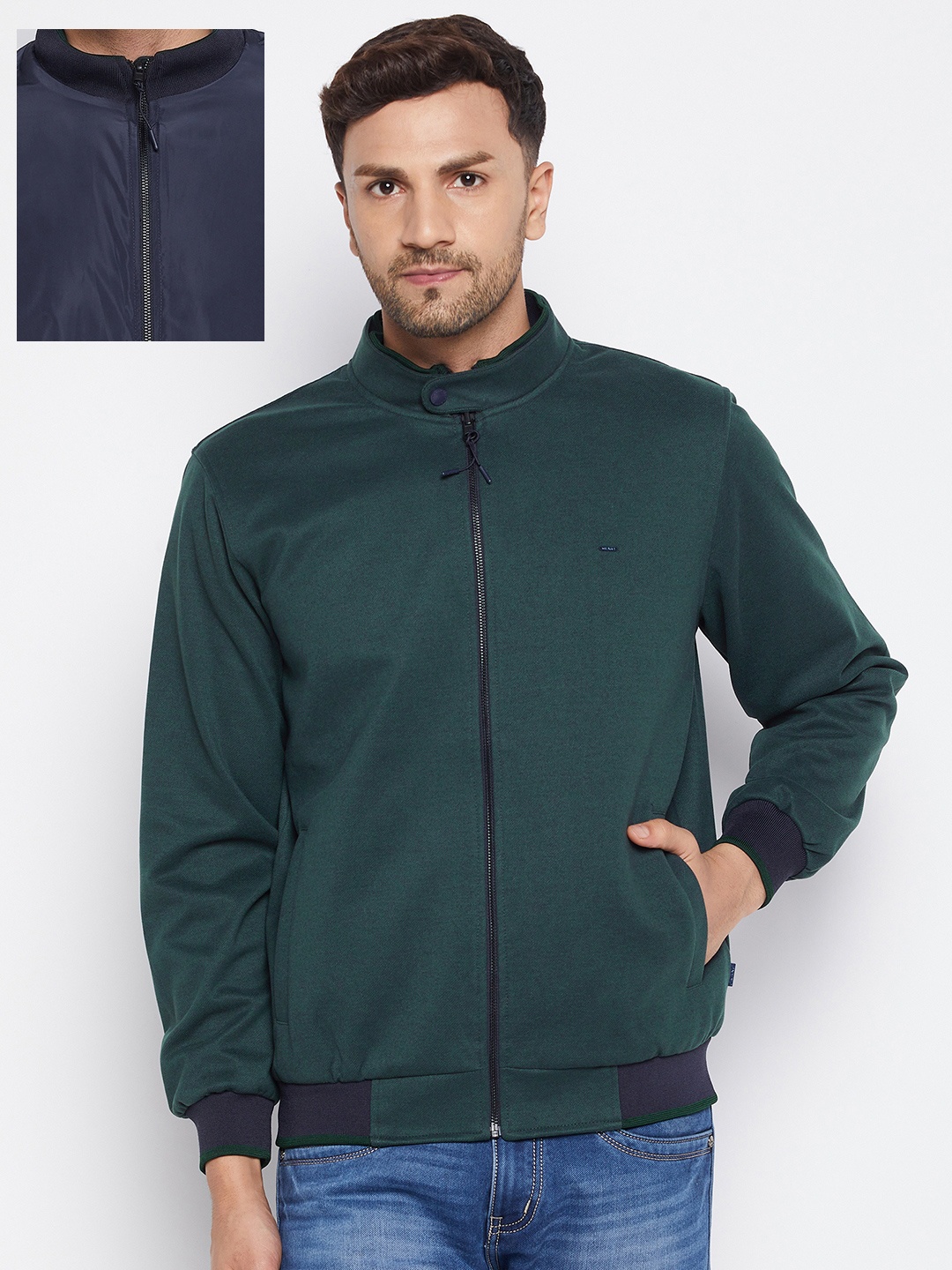 

Okane Men Olive Green Blue Reversible Bomber Jacket