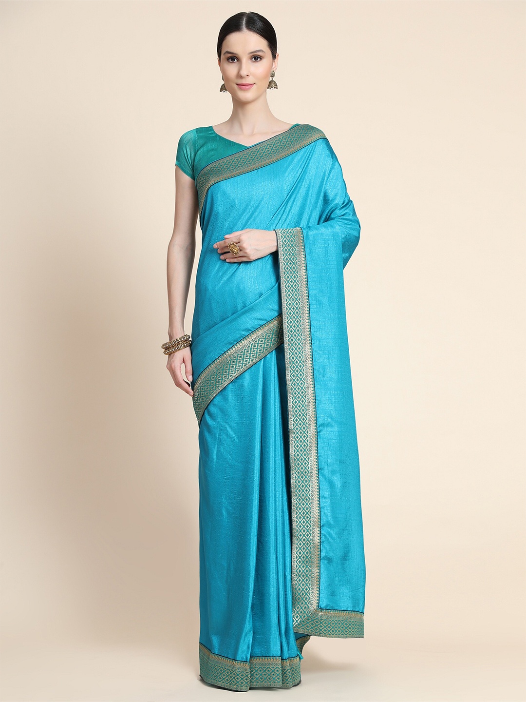 

VEERAX Turquoise Blue & Gold-Toned Zari Saree