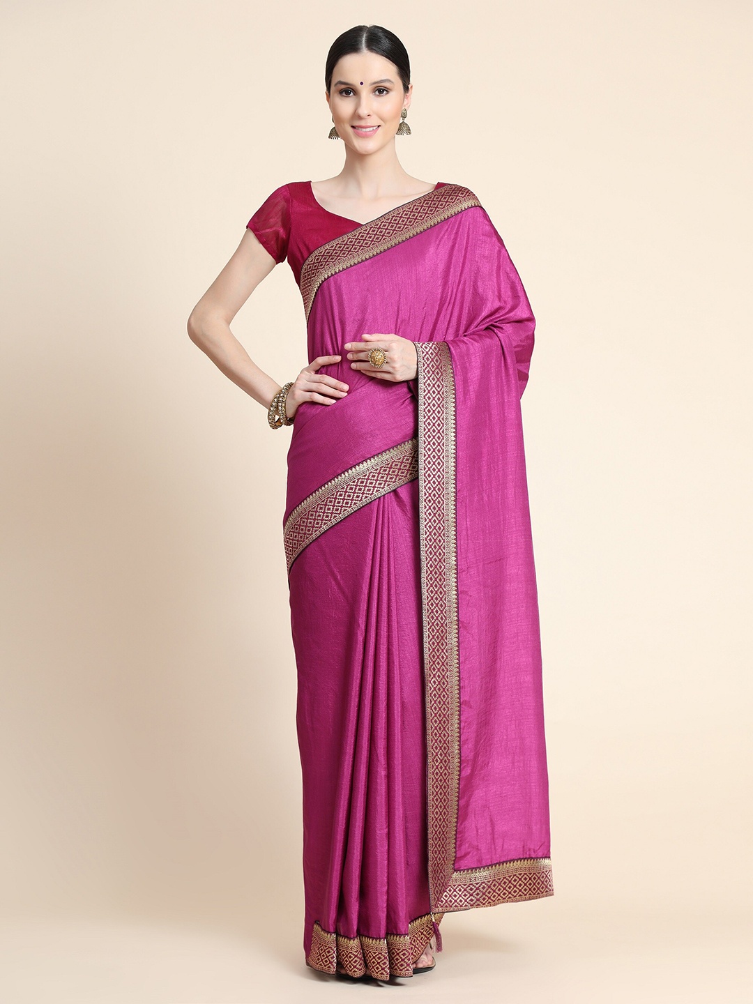 

VEERAX Purple & Gold-Toned Woven Design Border Saree