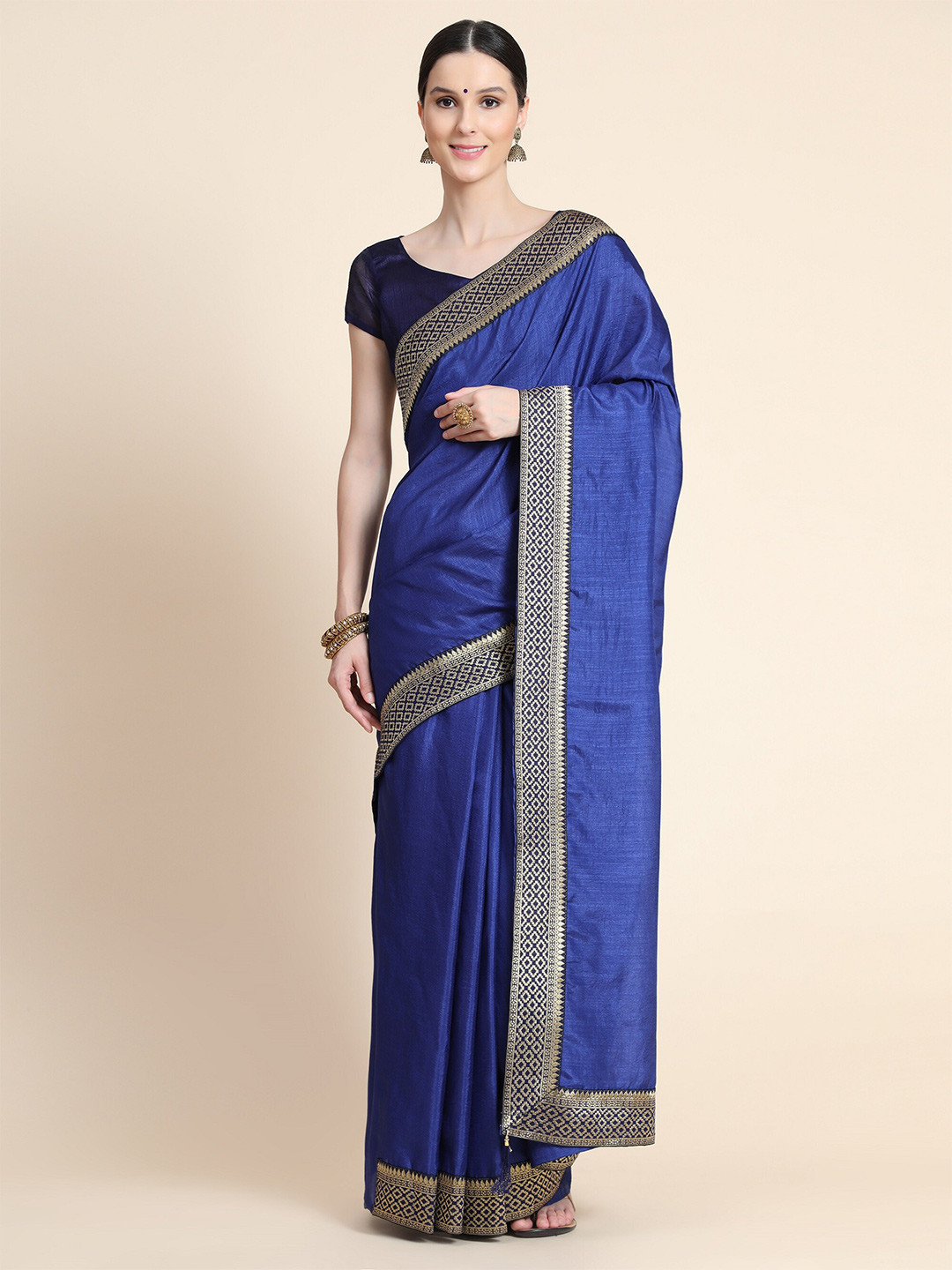

VEERAX Blue & Gold-Toned Zari Saree