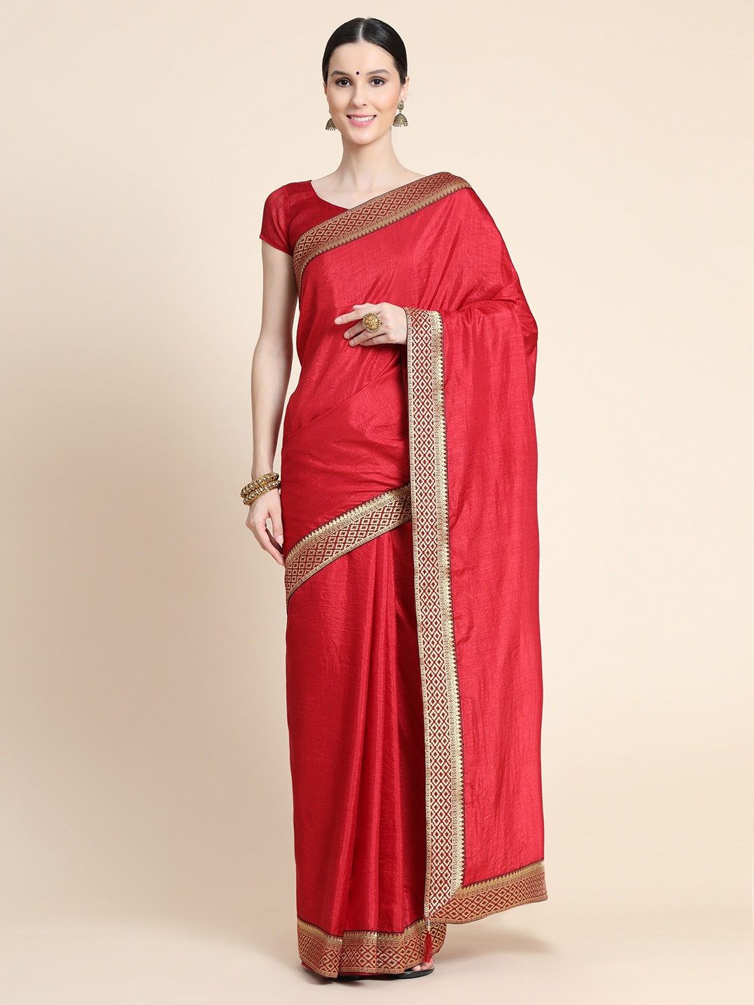 

VEERAX Maroon & Gold-Toned Woven Design Border Saree