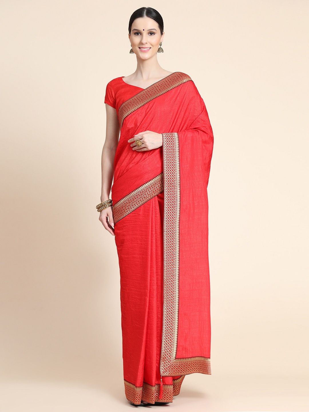 

VEERAX Red & Gold-Toned Zari Saree