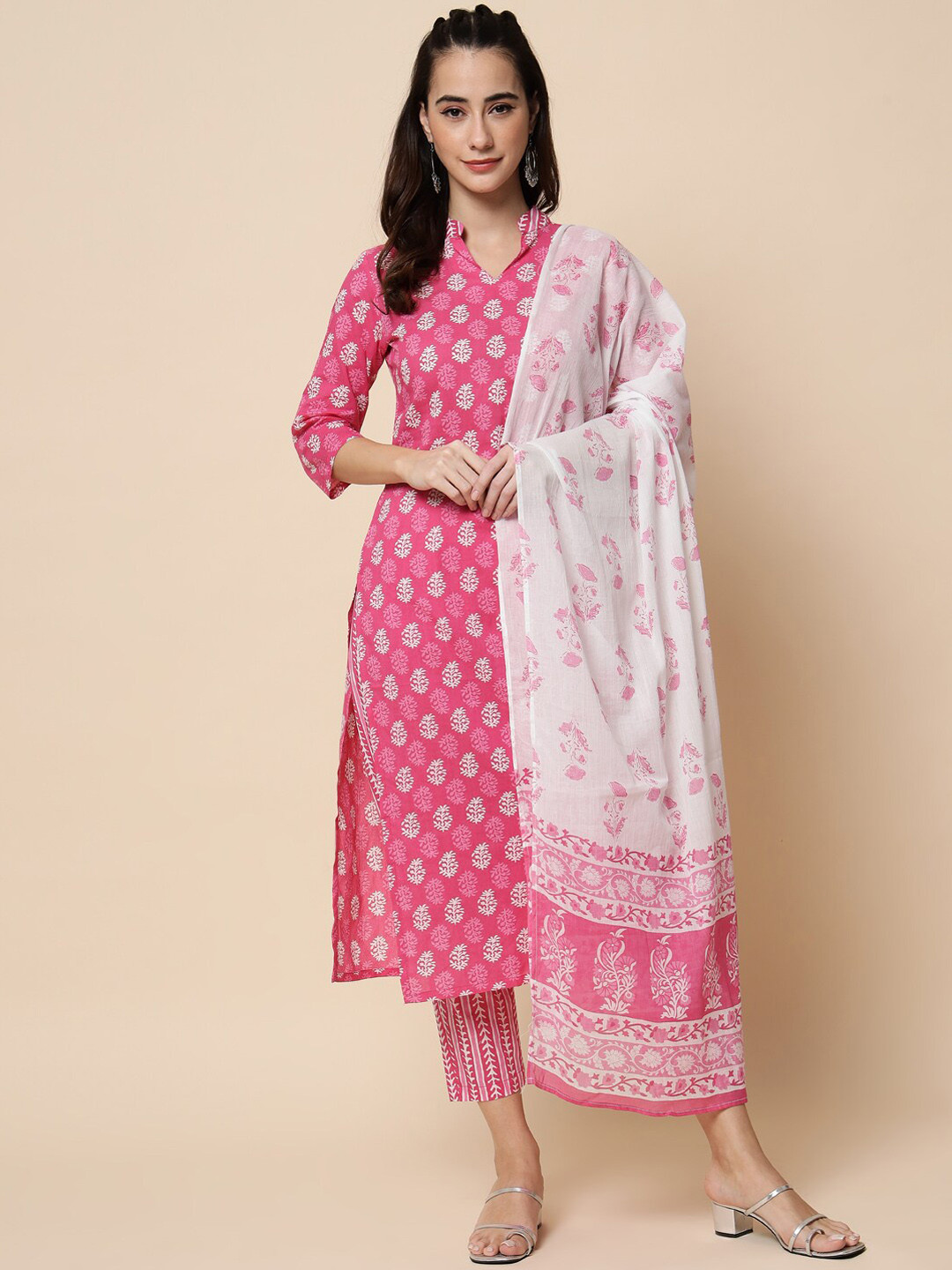

heemara Women Pink Ethnic Motifs Printed Pure Cotton Kurta with Trousers & Dupatta