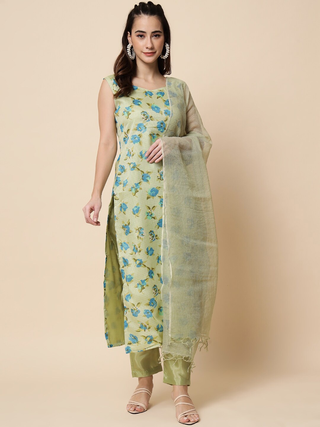 

heemara Women Sea Green Floral Printed Cotton Kurta with Trousers & With Dupatta