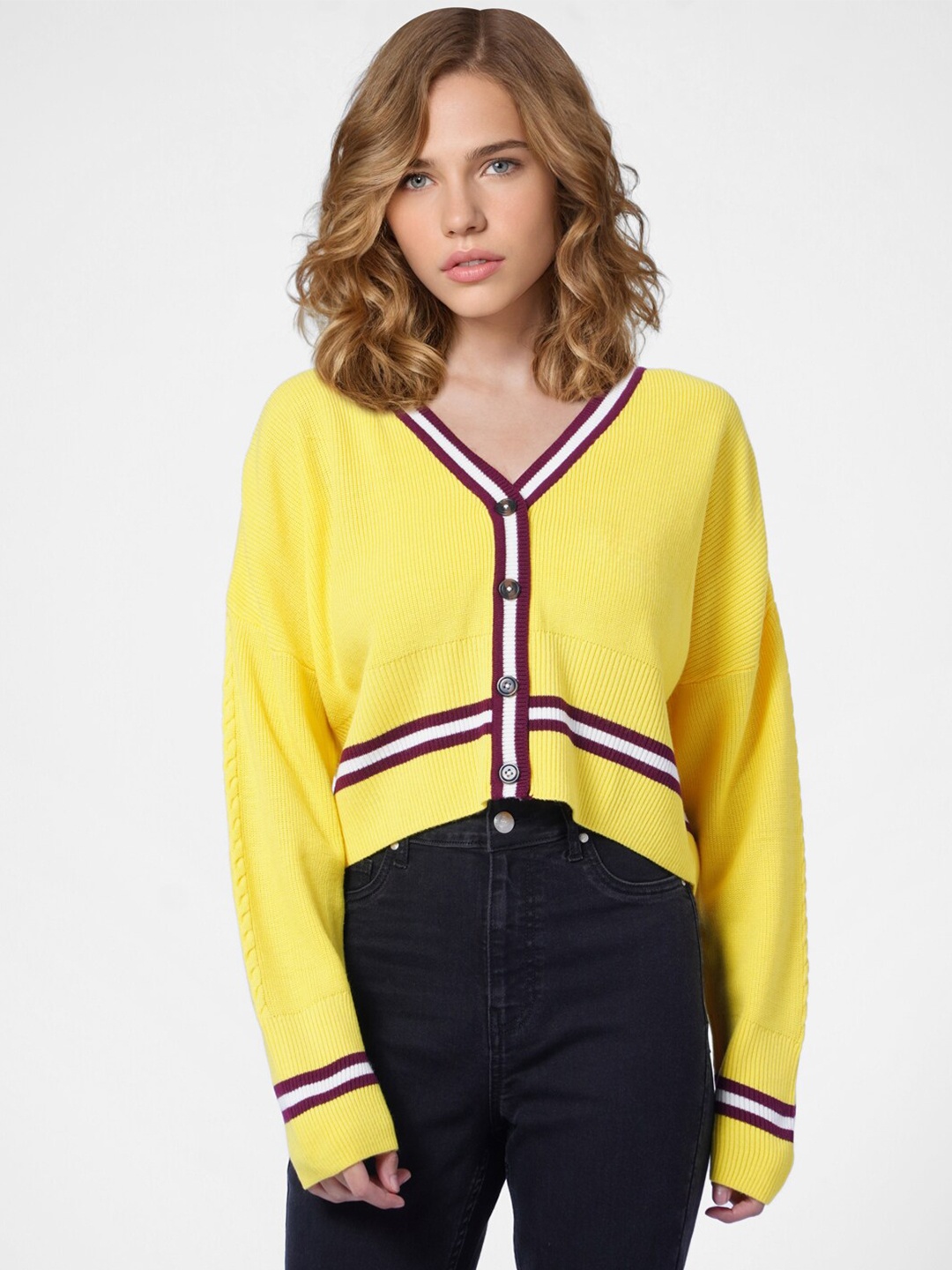 

ONLY Women Yellow & White Crop Cardigan Sweater