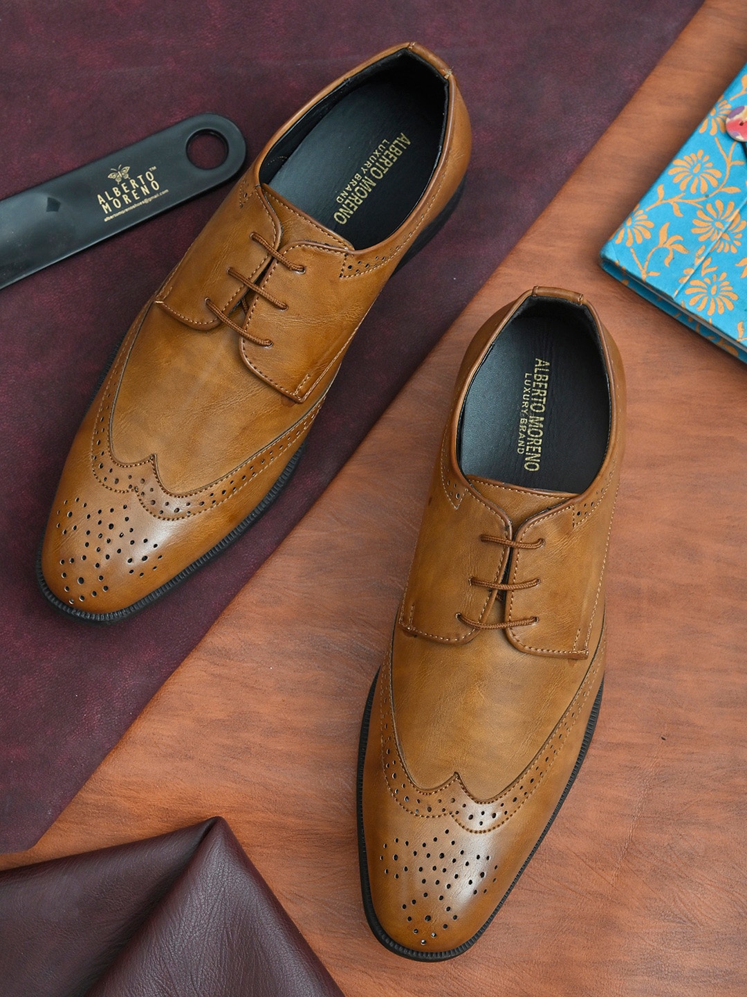 

ALBERTO MORENO Men Tan Formal Solid Brogues Shoes