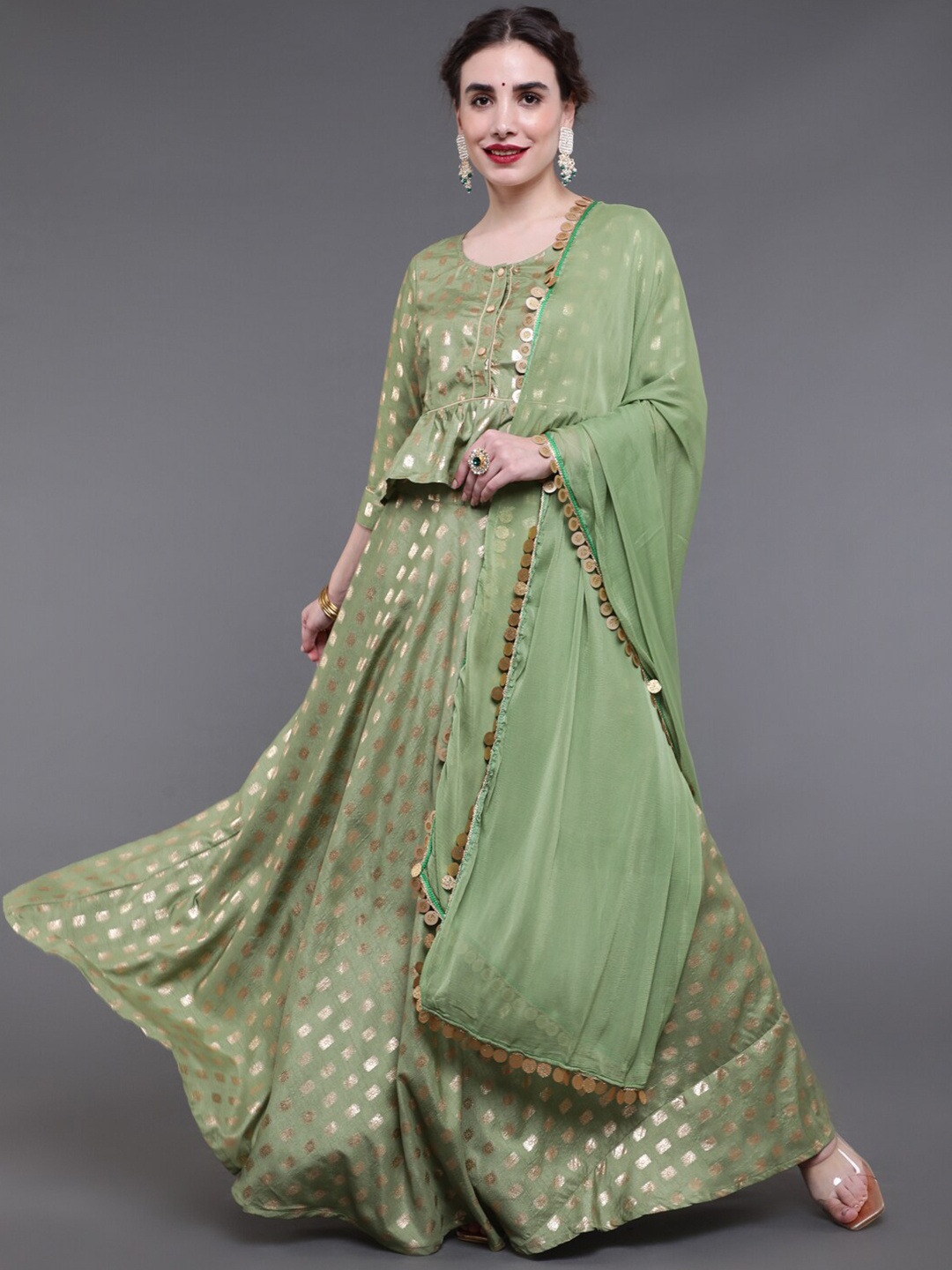

saubhagya Green & Gold-Toned Printed Ready to Wear Lehenga Choli With Dupatta