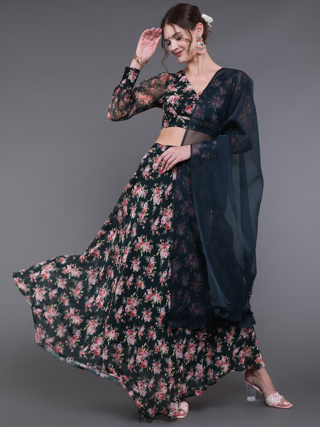 

saubhagya Black & Pink Printed Ready to Wear Lehenga & Blouse With Dupatta